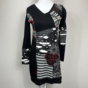 Kessley Womens Retro Sweater Dress Large Black Red Patchwork 80s Goth Punk Artsy
